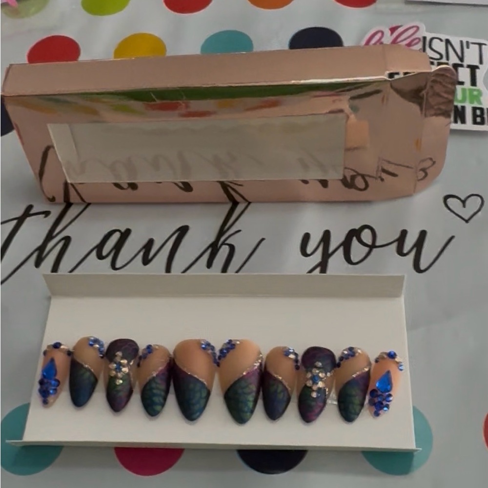 NWT Custom Size L Gorgeous Handmade Peacock Feather Design Press-On Nails Set - Picture 3 of 8